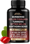 Nutraharmony Berberine With Ceylon Cinnamon Bitter Melon (Karela) Apple Cider Vinegar Hawthorn Berry Citrus Bergamot Turmeric - 15-In-1 Supplement For Heart Support Metabolism & Energy 60 Capsules