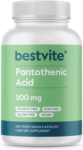 Bestvite Pantothenic Acid 500mg (Vitamin B5)(240 Vegetarian Capsules) - No Stearates - No Gelatin - No Calcium Silicate - Vegan - Non GMO - Gluten