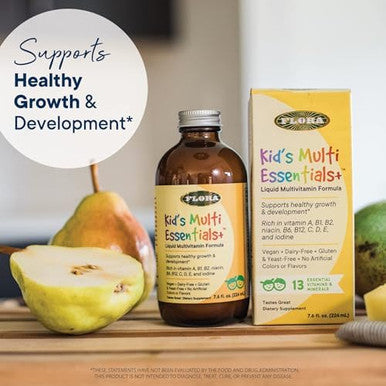 Flora Kid'S Multi Essentials Plus Liquid Multivitamin Formula Supports Immune System & Healthy Growth Vitamins A C E D & B12 Vegan Gluten & Dairy 7.6 Fl. Oz. Glass Bottle