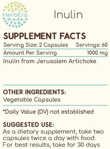 HerbEra Inulin Capsules, 500 mg, Inulin from Jerusalem Artichoke (120 Capsules)