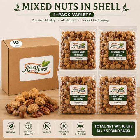 Anna and Sarah Premium Kosher Mixed Nuts in Shell Box, NO BRAZIL NUT 10 Lbs | 160 Oz Bulk, Jumbo Walnuts, Extra Large Pecans, Almonds, Large Oregon Hazelnuts, Fresh