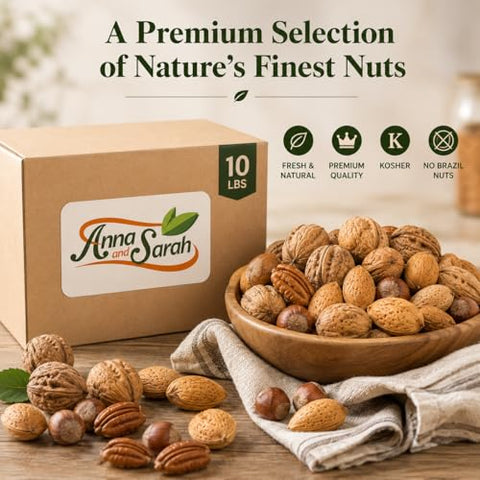 Anna and Sarah Premium Kosher Mixed Nuts in Shell Box, NO BRAZIL NUT 10 Lbs | 160 Oz Bulk, Jumbo Walnuts, Extra Large Pecans, Almonds, Large Oregon Hazelnuts, Fresh