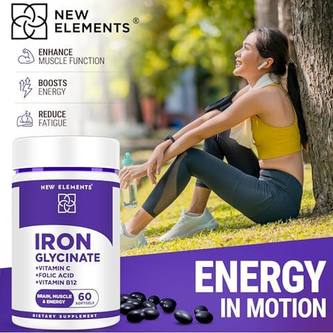 Elements Iron Glycinate 50Mg With Vitamin C Folic Acid & B12 Advanced Iron Supplement For Anemia Relief Energy Boost & Immune Support Gentle On Stomach Fast Absorption Natural Softgels For Women & Men