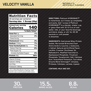 Optimum Nutrition Platinum Hydrowhey Protein Powder 100% Hydrolyzed Whey Protein Isolate Powder Flavor: Velocity Vanilla 1.75 Pounds