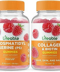 Lifeable Phosphatidylserine (Ps) + Collagen & Biotin Gummies Bundle Great Tasting Vitamin Supplement Gluten Gmo Chewable Gummy