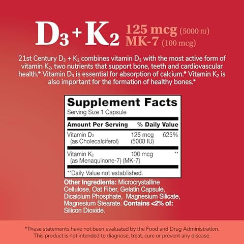 21st Century Vitamin D3 125 mcg (5000 IU) + K2 100 mcg Capsules 120 Count Bone Teeth and Heart Support NonGMO Milk Lactose Soy Wheat and Gluten Free