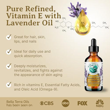 Bella Terra Oils - Lavender Infused Organic Vitamin E Oil 4 Oz - D-Alpha Tocopherol Powerhouse Extracted From Organic Wheat Germ Lavishly Nourishing Organic Vitamin E For Luxurious Skin