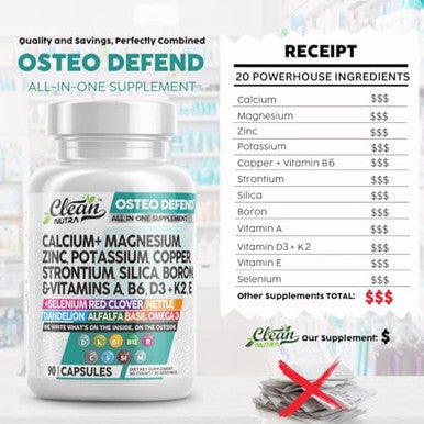 Calcium Magnesium Zinc Supplement With Potassium, Copper, Strontium, Silica, Vitamin D3 K2, Boron, Vitamin B1 B12 Red Clover Herb Alfalfa Basil Pills For Men And Women Clean Nutra Osteo Defend