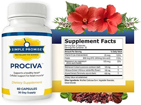 Simple Promise Prociva - Arjuna Bark Extract Heart Health Supplement With Folic Acid Vitamin D & Magnesium - Herbal Blood Pressure Support & Healthy Heart Maintenance For Men & Women - 60 Capsules