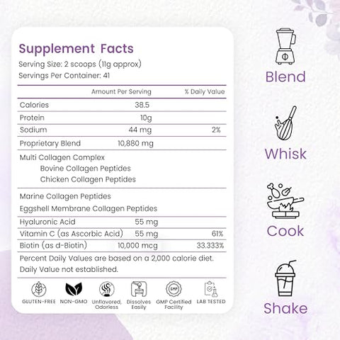Peakhealth Multi Collagen Peptides Powder 1 Pounds Collagen Powder- Type IIiIiiVX With Biotin 10000Mcg Hyaluronic Acid Powder Vitamin C - Unflavored Collagen Protein Powder - Keto & Paleo Easy Dissolve