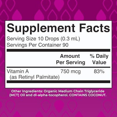 MARYRUTH'S Organics USDA Organic Vitamin A Liquid Drops 3 Month Supply Bone Health for Ages 14+ Essential Vitamin 750mcg per Serving Sugar Free Vegan NonGMO Gluten Free 1oz