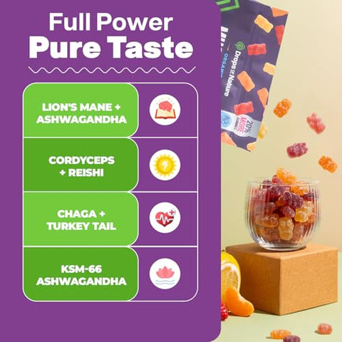 Drops Of Nature Lions Mane & Ashwagandha Gummies Turkey Tail Maitake Reishi Chaga Shiitake Cordyceps Organic Low Carb Superfood Gummies 8 In 1 Mushroom Blend (Mixed Fruit 80 Gummy Bears)