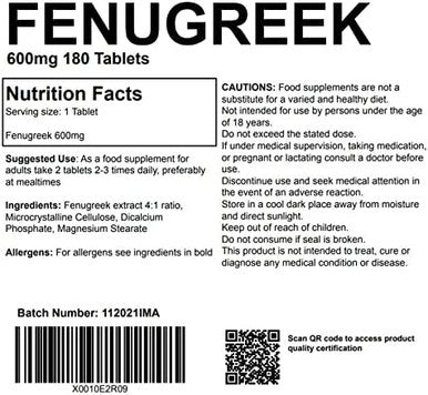 Fenugreek 600mg 180 Tablets UK Made Supplement Letterbox Friendly