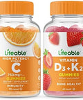 Lifeable Vitamin C 750Mg + Vitamin D3 + Vitamin K2 Gummies Bundle Great Tasting Vitamin Supplement Gluten Gmo Chewable Gummy