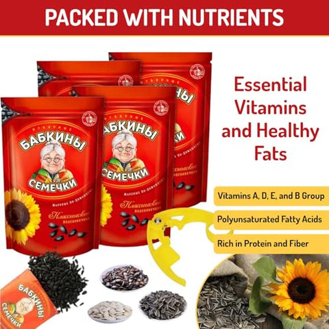 Babkini Semechki Sunflower Seed with Babkini Sticker | Non GMO Seed Packed with Protein& Fiber - Roasted Sunflower Seeds with Resealable Zip Lock Packaging - 4 Pack (500g)
