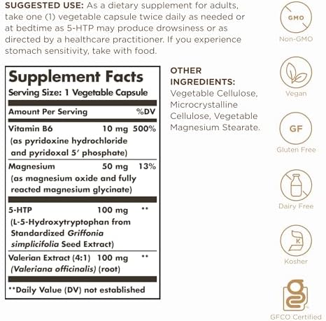 Solgar 5Htp 100 Mg 90 Vegetable Capsules Promotes Relaxation NonGmo Vegan Kosher and Gluten 90 Servings