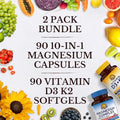 Vitalitown Ultra Magnesium and Vitamin D3 K2 Bundle (Pack of 2) 10 in 1 Magnesium Complex and 10000 IU D3 MK7 for Bone Muscle Heart Sleep Teeth and Immune 90 Mag Capsules and 90 D3 Softgels