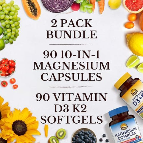 Vitalitown Ultra Magnesium and Vitamin D3 K2 Bundle (Pack of 2) 10 in 1 Magnesium Complex and 10000 IU D3 MK7 for Bone Muscle Heart Sleep Teeth and Immune 90 Mag Capsules and 90 D3 Softgels