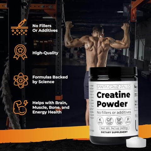 Santa Cruz Paleo Creatine Monohydrate Powder Micronized Unflavored Pre Workout And Muscle Support Supplement Gluten Free Keto Mix With Water Or Shakes No Fillers Or Additives 80 Servings 400G
