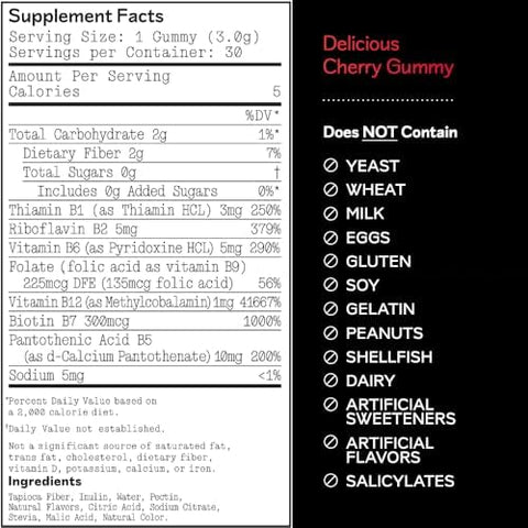 Barker Wellness Vegan BComplex Gummies Comprehensive Energy and Metabolism Boost with B1 B5 B6 B7 Biotin B9 Folate B12 SugarFree Cherry Flavor for Daily Focus and Vitality