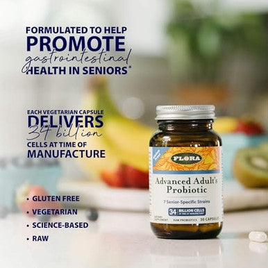 Flora Advanced Adult'S Probiotic Daily Probiotic For Ages 55 & Up Supports Gut & Digestive Health 34 Billion Cfu Keep Chilled Vegetarian & Gluten 60 Capsules