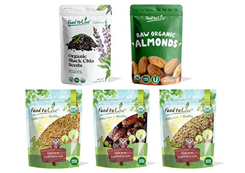 Food to Live - Organic Nuts, Seeds and Fruits in a Gift Box A Variety Pack of Almonds, Chinese Hemp Seeds, Medjool Dates, Chia Seeds and Golden Flax Seeds