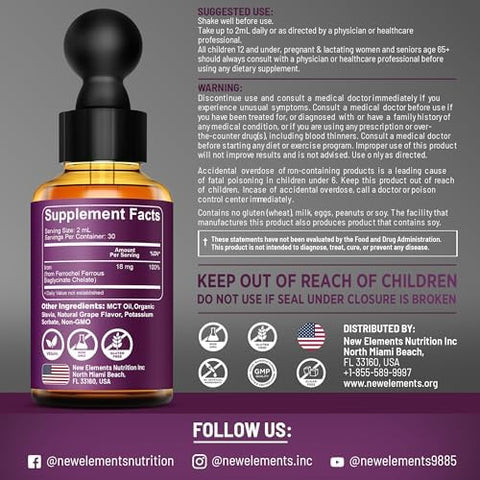 Elements Iron Supplement For Women & Men Blood Builder Iron Vitamin For Anemia Liquid Iron Drops For Adults With Mct Oil Natural Grape Flavor Faster Absorption & Immune Support (2 Fl Oz)
