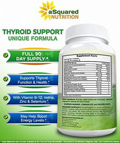 Asquared Nutrition Premium Thyroid Support Supplement With Iodine (180 Capsules) - Best Herbal & Vitamin Complex Pills W/ B12, Ashwagandha, Bladderwrack & Kelp - Helper For Healthy Hormone & Energy