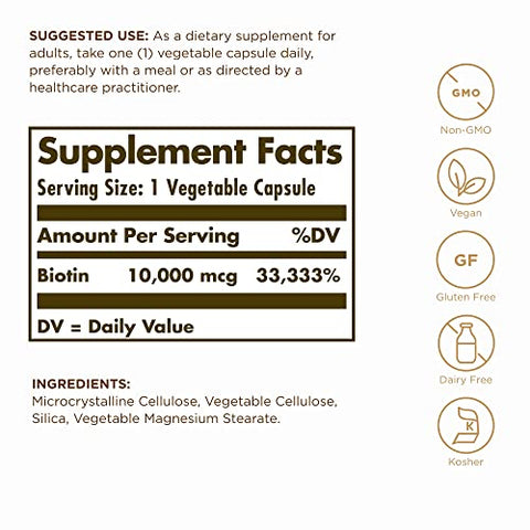 Solgar Super High Potency Biotin 10000 Mcg - 120 Vegetable Capsules Pack Of 2 - Supports Healthy Skin Nails & Hair - Non-Gmo Vegan Gluten & Dairy Free 240 Total Servings
