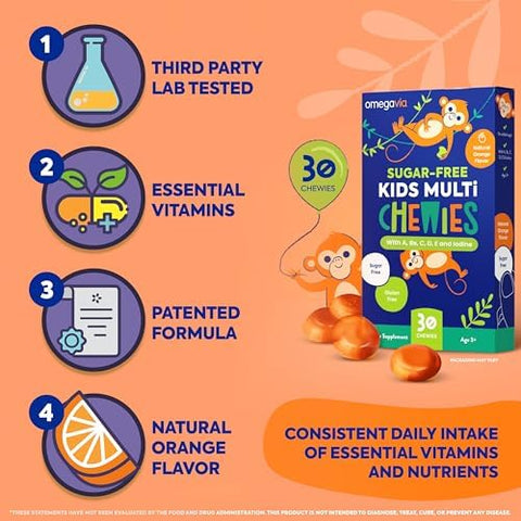 OmegaVia Sugar Free Kids Multivitamin Chewies Daily Chewable Gummy Vitamins for Kids 3+ Vitamin A C D3 E B6 and B12 Folate and More Natural Orange Flavor 30 Count