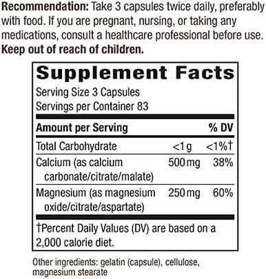 Nature'S Way Calcium & Magnesium Mineral Complex, Supports Bone Health & Muscle Function, 750 Mg Per 3-Capsule Serving, 250 Capsules (Packaging May Vary)