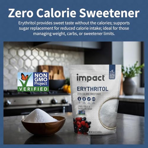 Impact - Erythritol Granular Sweetener - Zero Calorie, Low Carb & Plant-Based, Label-Friendly, Looks & Tastes Like Sugar - 1lb Pouch