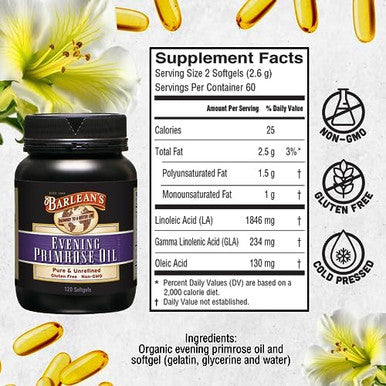 Barlean's Evening Primrose Oil Softgels Women 1300mg GLA Non GMO
