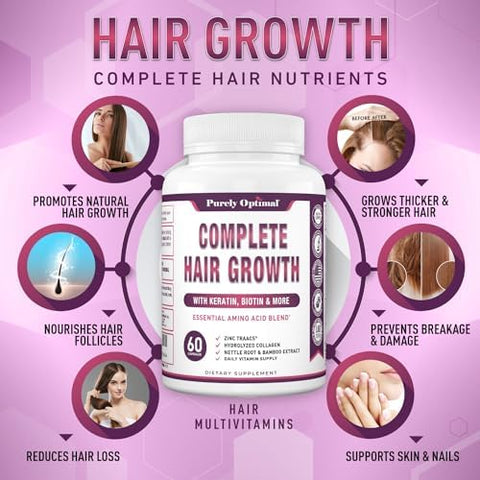 Purely Optimal Hair Growth Vitamins Supports Thicker Stronger Hair Growth Healthy Skin and Nails Biotin Collagen Keratin EasytoTake Unflavored 60 Capsules