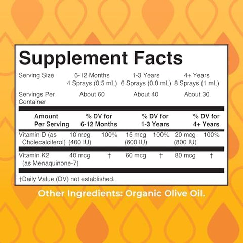 MaryRuth's Organic D3 + K2 Spray for Adults and Kids for Bone Health Vitamin D3 as Cholecalciferol Vitamin K2 Immunity Mineral Absorption Heart Health Vegan NonGMO Gluten Free 1 Fl Oz