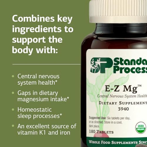 Standard Process EZ Mg Central Nervous System Health Supplement Contains Magnesium Iron and Vitamin K1 Aids Sleep Pathways GlutenFree NonDairy and NonSoy 180 Tablets (30 Servings)