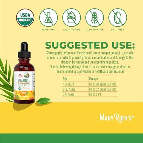 MaryRuth Organics USDA Vitamin E Liquid Drops 2 Month Supply Bone and Joint Health Cognitive Health for Adults and Kids Sugar Free Vegan NonGMO Gluten Free 2 Ounces