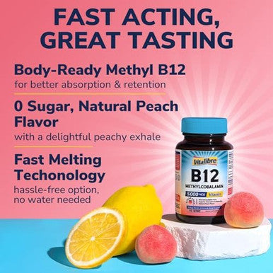Vitalibre Vitamin B12 Sublingual 5000 mcg Methylcobalamin Bioactive Form High Absorption Vegan Nerve Energy Immune Mood Support Natural Peach Flavor Fast Dissolve Mini Tablets No Sugar