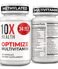 10X Health Optimize Methylated Multivitamin for Men and Women 90 Capsules 34 in 1 Formula with 800 mcg of Vitamin B12 5MTHF NAC Methyl B Complex