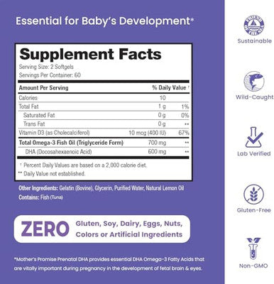 Mother'S Promise Prenatal Dha For Women 600Mg + 400 Iu Vitamin D3 | 120 Softgels | Supports Brain Health | Triglyceride Omega 3 Fish Oil Dha Prenatal Vitamins For Pregnancy & Nursing | 300Mg Per Capsule