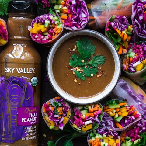 Sky Valley Thai Peanut Sauce - Gluten Free Peanut Sauce, Mild Heat, Authentic Flavor, Organic, Vegan, Non GMO, Gluten Free, Peanut Sauce for Spring Rolls- 14 Oz