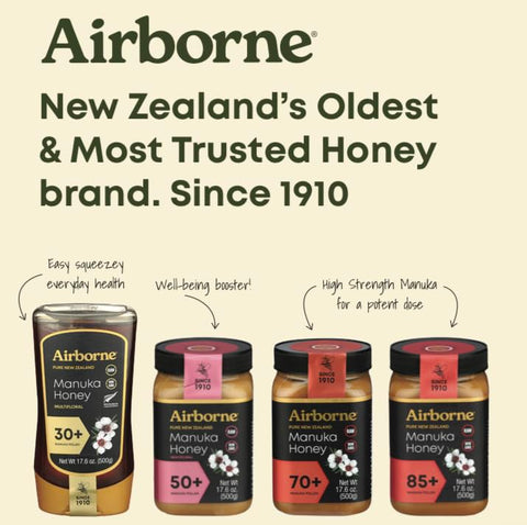 Airborne Manuka Honey 50+ New Zealand - Premium 100% Pure Raw Manuka Honey (17.85 oz)