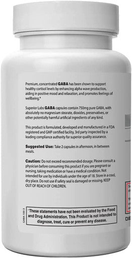 Superior Labs GABA Supplement 750mg Maximum Strength Mood Enhancement Natural Relief of Simple Nervous Tension Promotes Mood Balance Sleep Quality and Natural Brain Function
