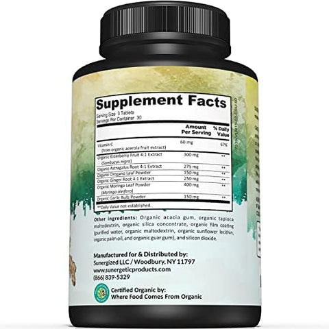 Sunergetic Usda Organic Immune Support Supplement " Organic Immune Health Supplement With Vitamin C Elderberry Astragalus Oregano Ginger Moringa & Garlic " Organic Immune System Support 90 Immune Tablets