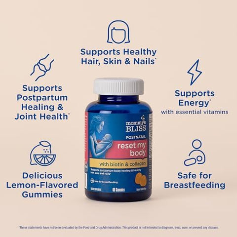 Mommys Bliss Postnatal Support Reset My Body Gummies with Biotin and Collagen Supports Postpartum Energy Healing and Joint Health + Hair Skin and Nails Health Gluten 60 Gummies (30 Servings)