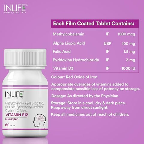 Inlife Vitamin B12 (Methylcobalamin) 1500Mcg Supplement With Ala (Alpha Lipoic Acid) Folic Acid Vitamin D3 Nervous System & Brain Supplement For Memory Focus And Energy 60 Count (Pack Of 2)