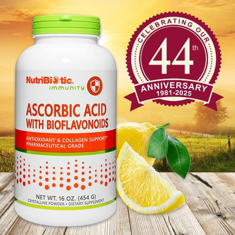 Nutribiotic - Ascorbic Acid With Bioflavonoids Powder 16 Oz Highly Soluble Antioxidant & Collagen Support Supplement 2000 Mg Vitamin C With Lemon Bioflavonoid Complex Vegan Gluten & Gmo-
