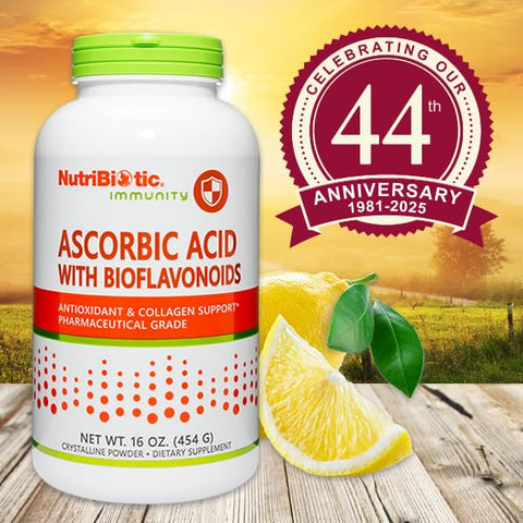 NutriBiotic Ascorbic Acid with Bioflavonoids Powder Highly Soluble Antioxidant and Collagen Support Supplement 2000 Mg Vitamin C with Lemon Bioflavonoid Complex Vegan Gluten and GMOFree 16 Oz