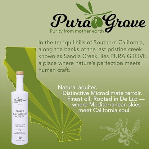 Pura Grove Organic Cold Pressed Extra Virgin Olive Oil Premium Grade - High Polyphenol - Hand Harvested & California Grown - 16.9Oz Opaque Glass Bottle 2024 Harvest 2025 Bottled