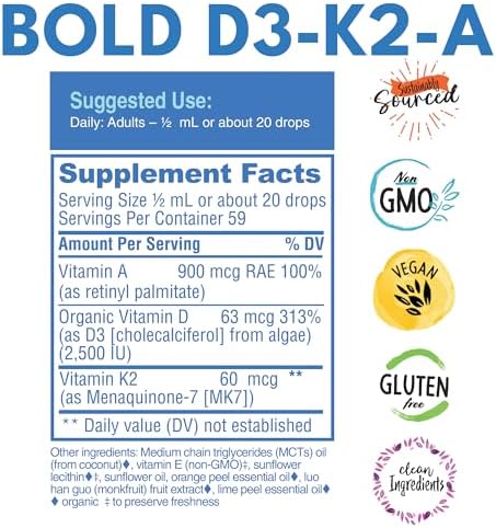 Bold Botanica D3-K2-A Liquid Vitamin Complex Vegan D3 From Organic Algae With Vitamin K2 (Mk7) And A For Immune Support Natural Orange Flavor Tastes Delicious 1 Fl Oz. (30Ml)